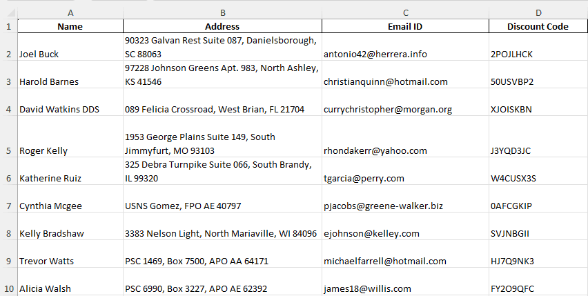 emails data in excel sheet